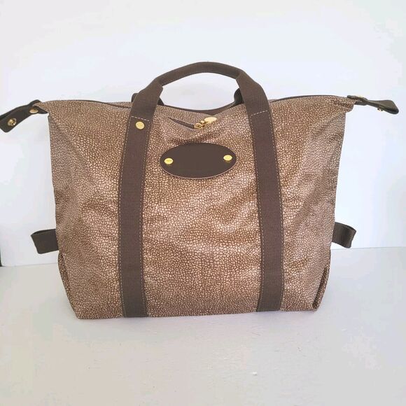 Borbonese Quail Pattern Nylon Tote Travel Handbag Shopping Designer Brown Italy - Picture 1 of 12